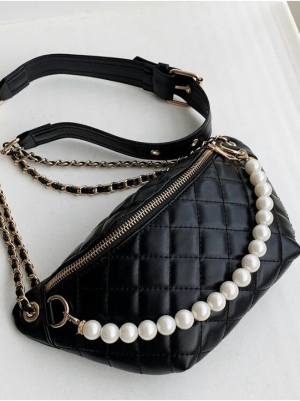 Faux Pearl Decor Quilted Fanny Pack